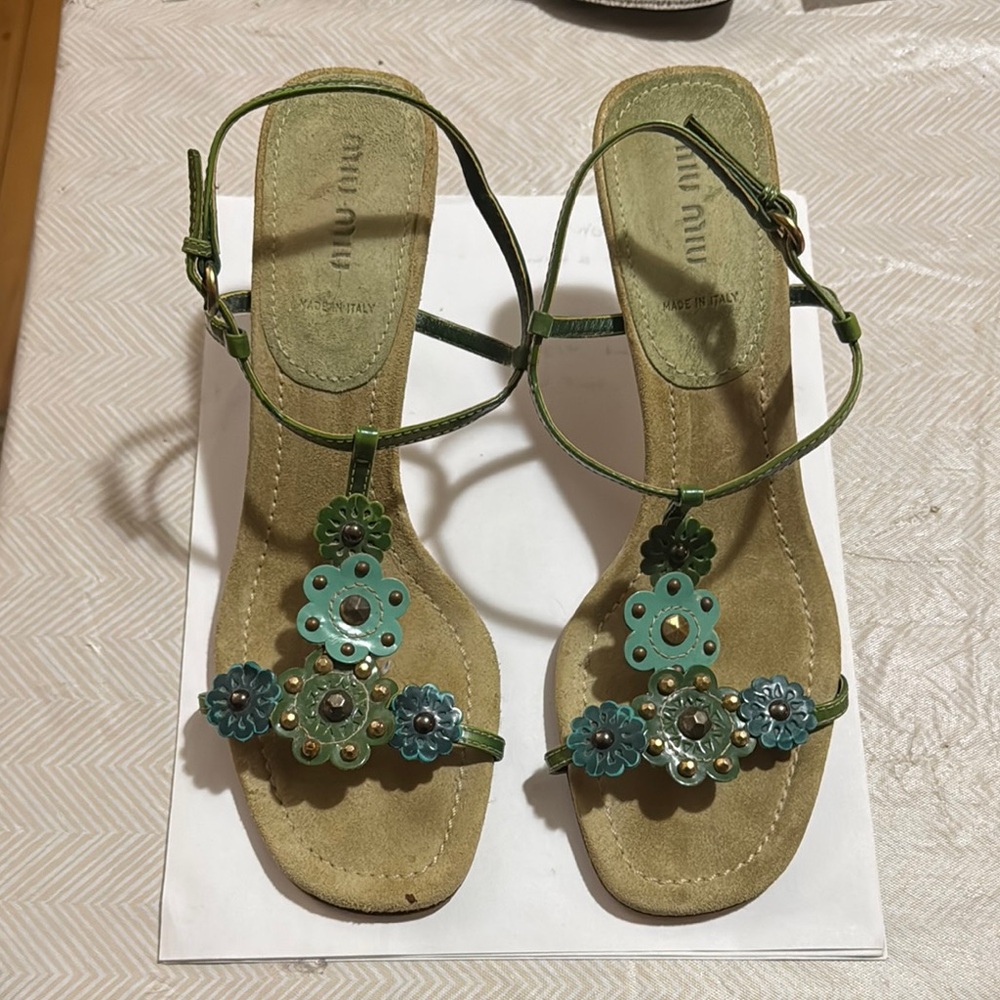 Miu Miu Green Embellished Sandals with Ankle Strap